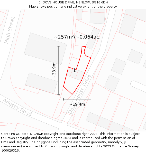 1, DOVE HOUSE DRIVE, HENLOW, SG16 6DH: Plot and title map