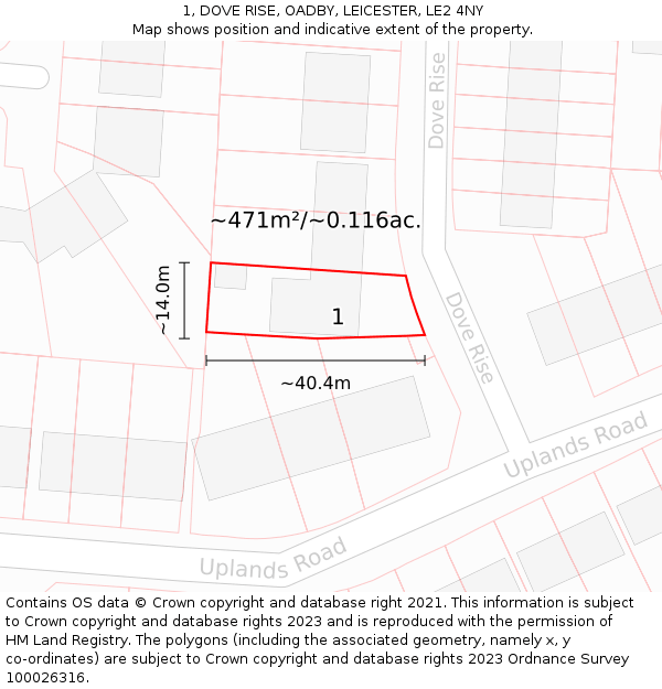 1, DOVE RISE, OADBY, LEICESTER, LE2 4NY: Plot and title map
