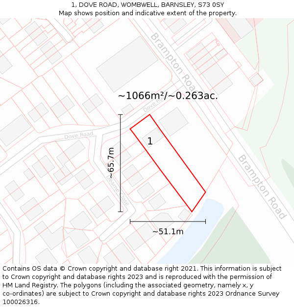1, DOVE ROAD, WOMBWELL, BARNSLEY, S73 0SY: Plot and title map