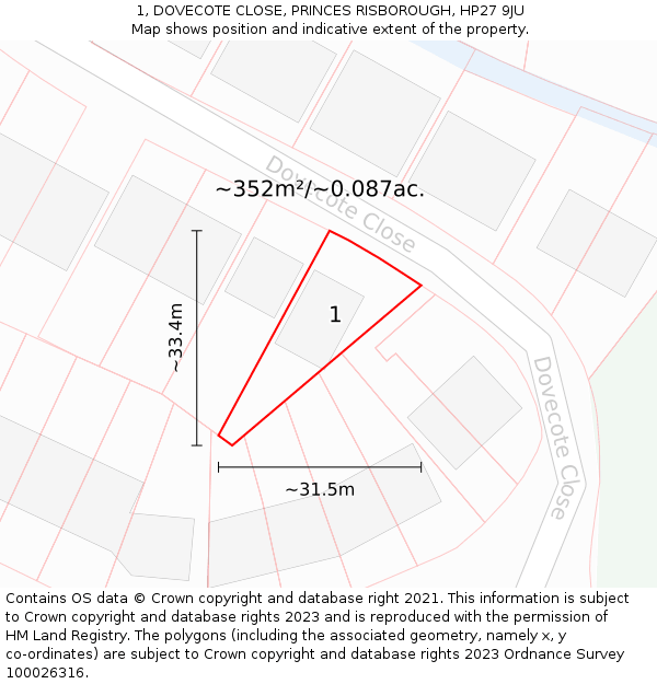 1, DOVECOTE CLOSE, PRINCES RISBOROUGH, HP27 9JU: Plot and title map