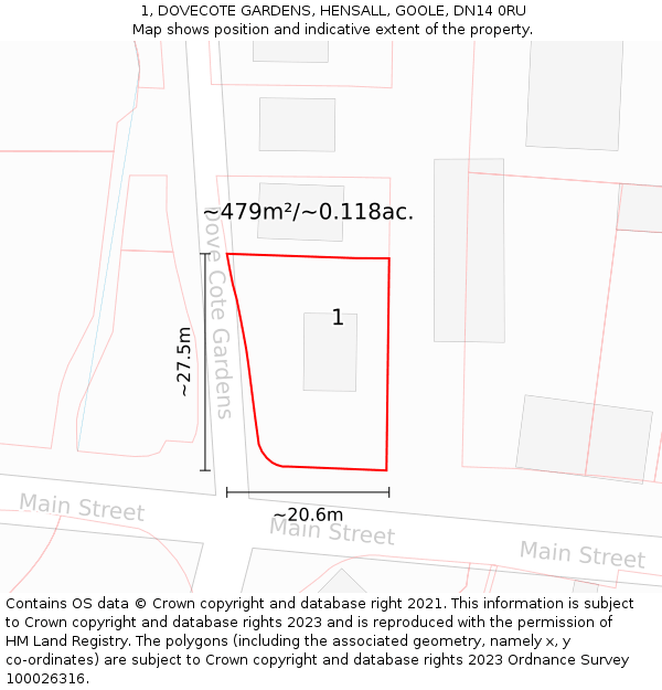 1, DOVECOTE GARDENS, HENSALL, GOOLE, DN14 0RU: Plot and title map