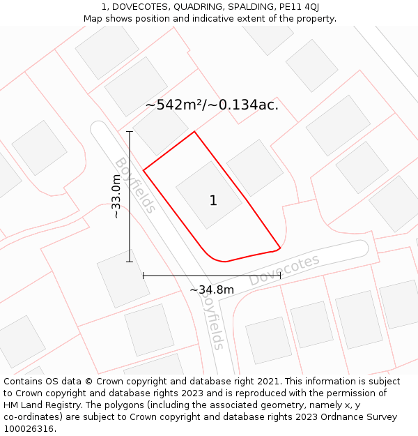1, DOVECOTES, QUADRING, SPALDING, PE11 4QJ: Plot and title map