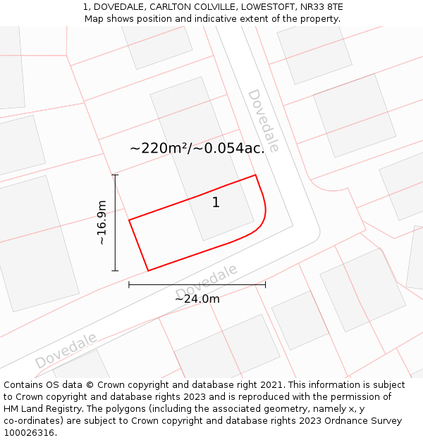 1, DOVEDALE, CARLTON COLVILLE, LOWESTOFT, NR33 8TE: Plot and title map