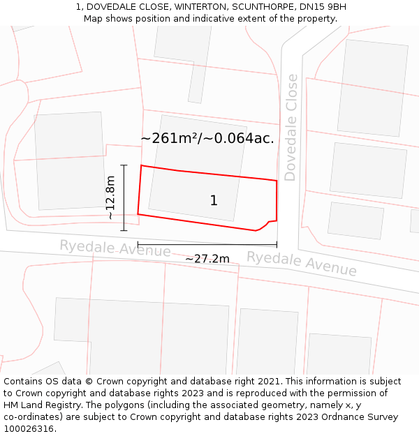 1, DOVEDALE CLOSE, WINTERTON, SCUNTHORPE, DN15 9BH: Plot and title map