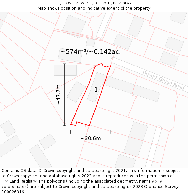 1, DOVERS WEST, REIGATE, RH2 8DA: Plot and title map