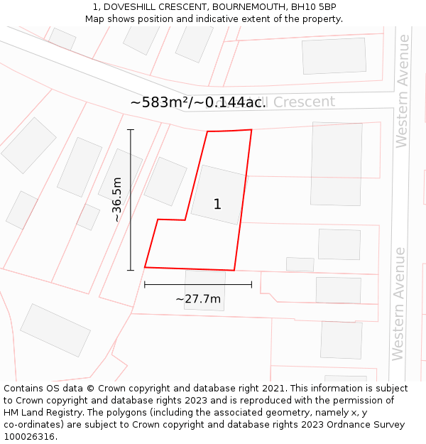 1, DOVESHILL CRESCENT, BOURNEMOUTH, BH10 5BP: Plot and title map