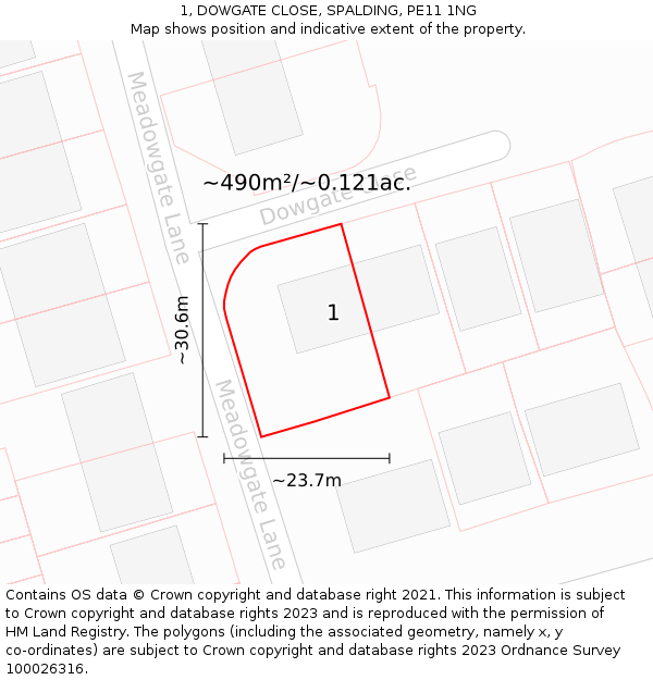 1, DOWGATE CLOSE, SPALDING, PE11 1NG: Plot and title map