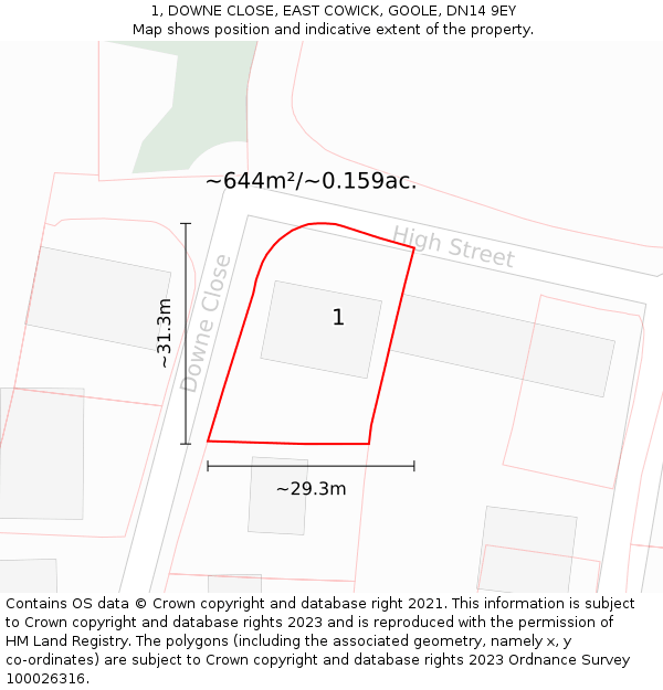 1, DOWNE CLOSE, EAST COWICK, GOOLE, DN14 9EY: Plot and title map