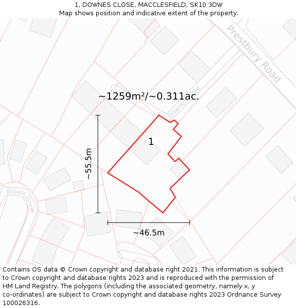 1, DOWNES CLOSE, MACCLESFIELD, SK10 3DW: Plot and title map