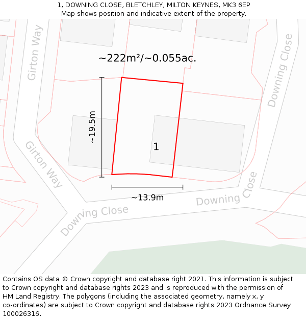 1, DOWNING CLOSE, BLETCHLEY, MILTON KEYNES, MK3 6EP: Plot and title map