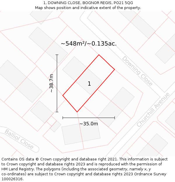1, DOWNING CLOSE, BOGNOR REGIS, PO21 5QG: Plot and title map