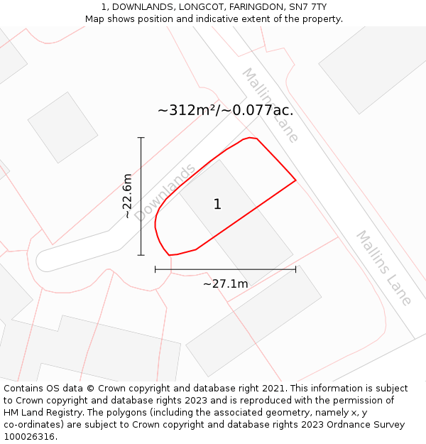 1, DOWNLANDS, LONGCOT, FARINGDON, SN7 7TY: Plot and title map