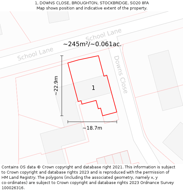 1, DOWNS CLOSE, BROUGHTON, STOCKBRIDGE, SO20 8FA: Plot and title map