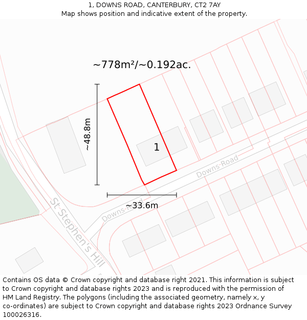 1, DOWNS ROAD, CANTERBURY, CT2 7AY: Plot and title map