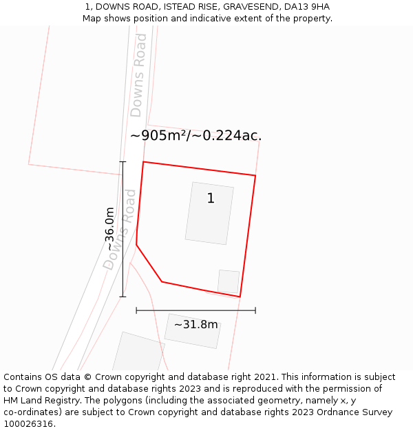 1, DOWNS ROAD, ISTEAD RISE, GRAVESEND, DA13 9HA: Plot and title map