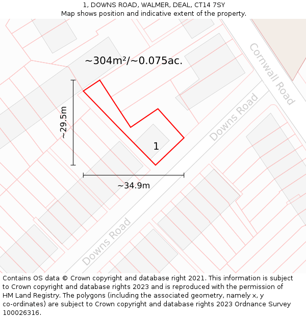 1, DOWNS ROAD, WALMER, DEAL, CT14 7SY: Plot and title map