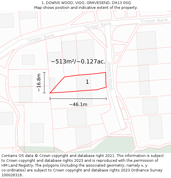 1, DOWNS WOOD, VIGO, GRAVESEND, DA13 0SQ: Plot and title map