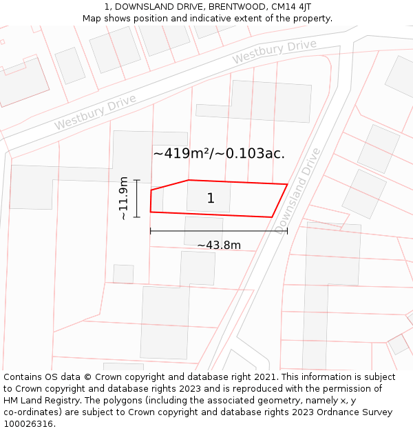 1, DOWNSLAND DRIVE, BRENTWOOD, CM14 4JT: Plot and title map