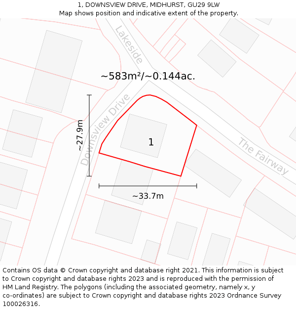 1, DOWNSVIEW DRIVE, MIDHURST, GU29 9LW: Plot and title map
