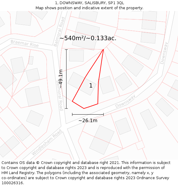 1, DOWNSWAY, SALISBURY, SP1 3QL: Plot and title map