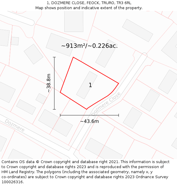 1, DOZMERE CLOSE, FEOCK, TRURO, TR3 6RL: Plot and title map