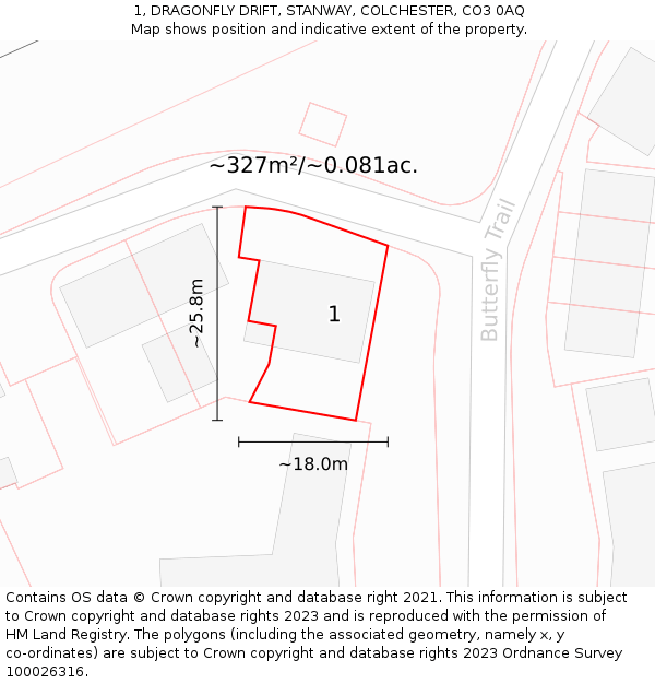 1, DRAGONFLY DRIFT, STANWAY, COLCHESTER, CO3 0AQ: Plot and title map