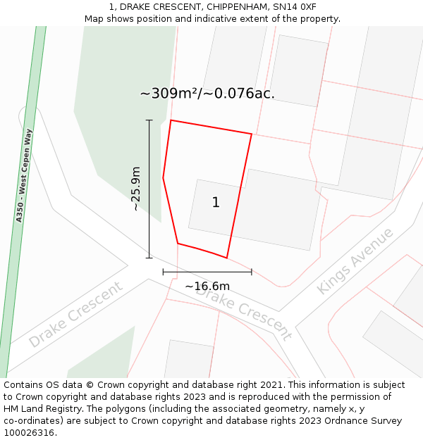 1, DRAKE CRESCENT, CHIPPENHAM, SN14 0XF: Plot and title map