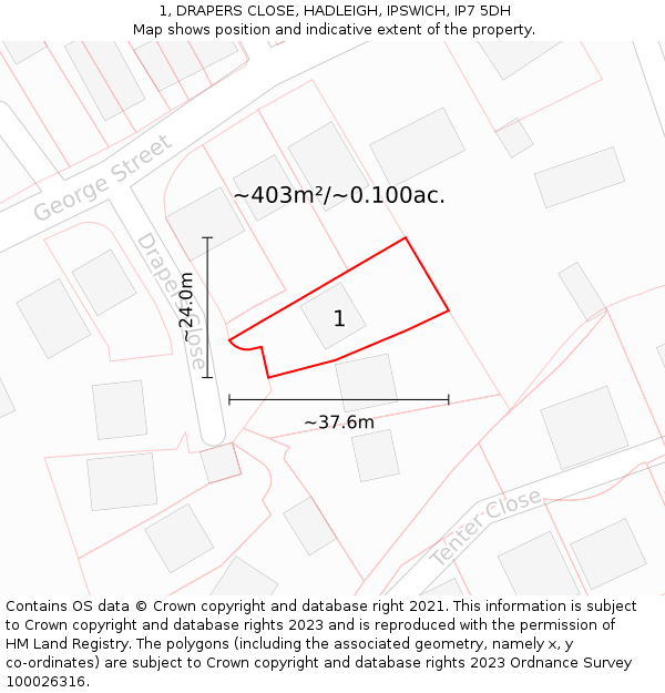 1, DRAPERS CLOSE, HADLEIGH, IPSWICH, IP7 5DH: Plot and title map