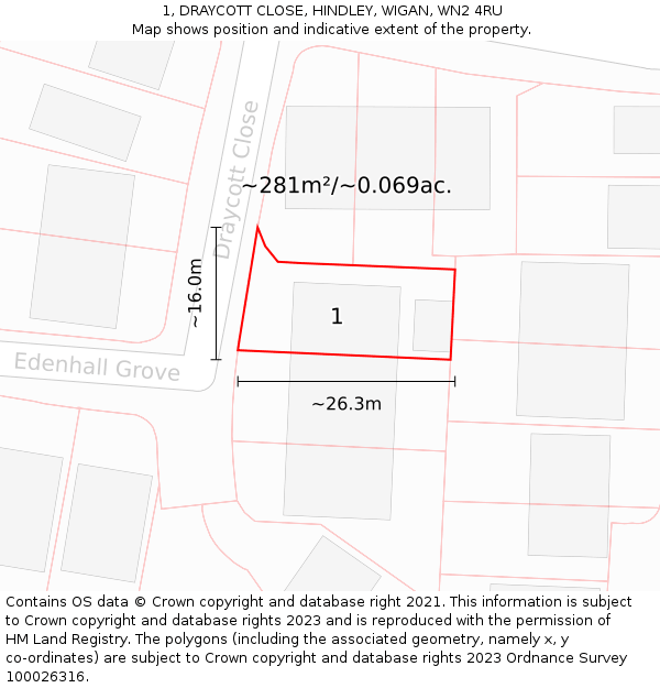 1, DRAYCOTT CLOSE, HINDLEY, WIGAN, WN2 4RU: Plot and title map