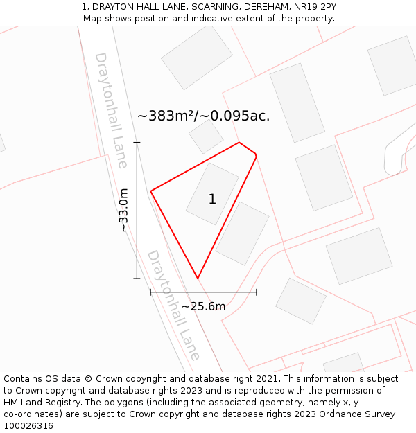 1, DRAYTON HALL LANE, SCARNING, DEREHAM, NR19 2PY: Plot and title map
