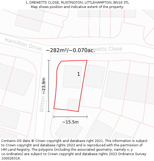 1, DREWETTS CLOSE, RUSTINGTON, LITTLEHAMPTON, BN16 3TL: Plot and title map