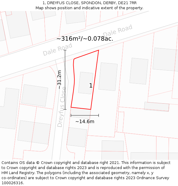 1, DREYFUS CLOSE, SPONDON, DERBY, DE21 7RR: Plot and title map