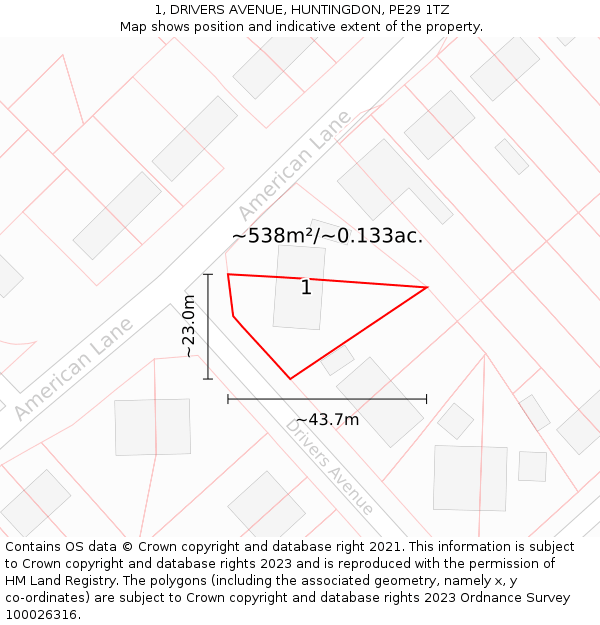 1, DRIVERS AVENUE, HUNTINGDON, PE29 1TZ: Plot and title map