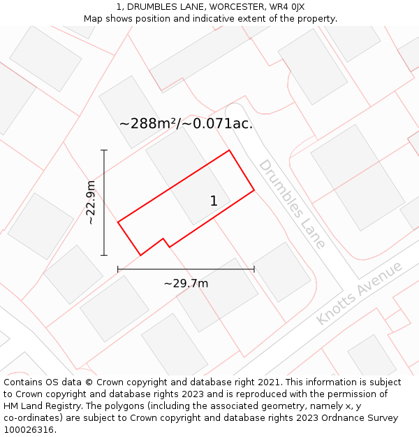 1, DRUMBLES LANE, WORCESTER, WR4 0JX: Plot and title map