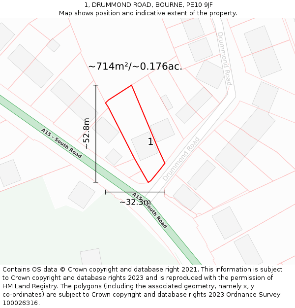 1, DRUMMOND ROAD, BOURNE, PE10 9JF: Plot and title map
