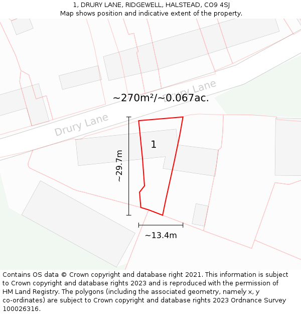 1, DRURY LANE, RIDGEWELL, HALSTEAD, CO9 4SJ: Plot and title map
