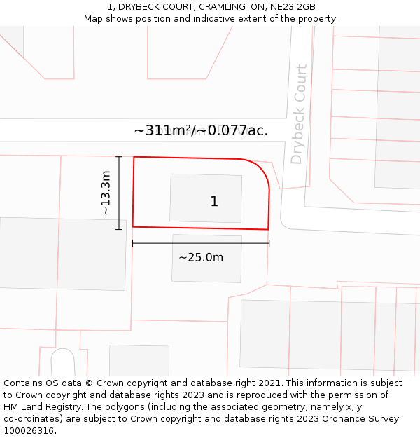 1, DRYBECK COURT, CRAMLINGTON, NE23 2GB: Plot and title map