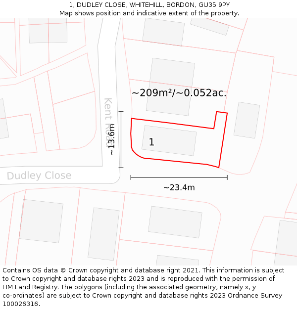 1, DUDLEY CLOSE, WHITEHILL, BORDON, GU35 9PY: Plot and title map