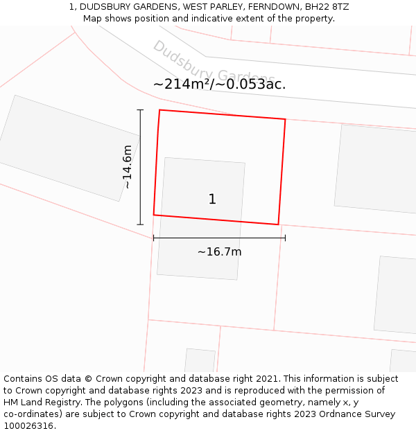 1, DUDSBURY GARDENS, WEST PARLEY, FERNDOWN, BH22 8TZ: Plot and title map