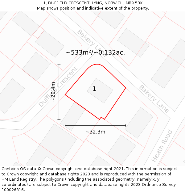 1, DUFFIELD CRESCENT, LYNG, NORWICH, NR9 5RX: Plot and title map