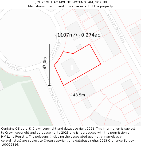 1, DUKE WILLIAM MOUNT, NOTTINGHAM, NG7 1BH: Plot and title map