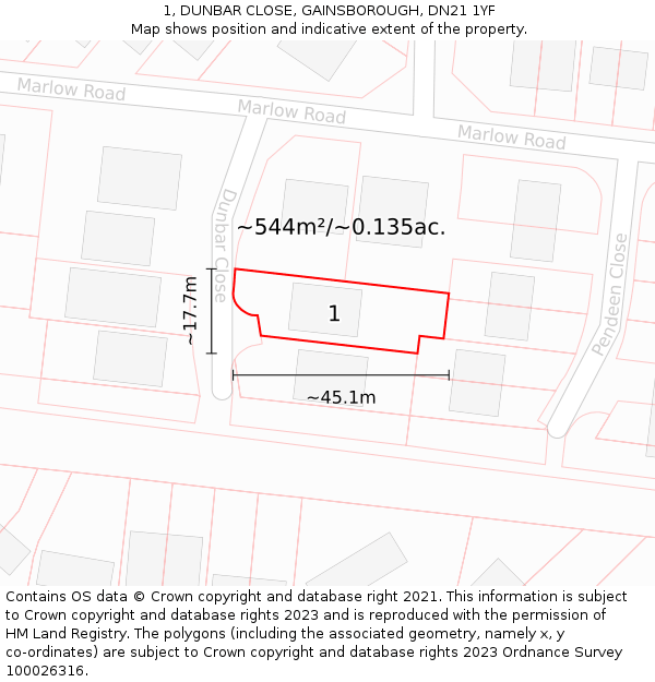 1, DUNBAR CLOSE, GAINSBOROUGH, DN21 1YF: Plot and title map
