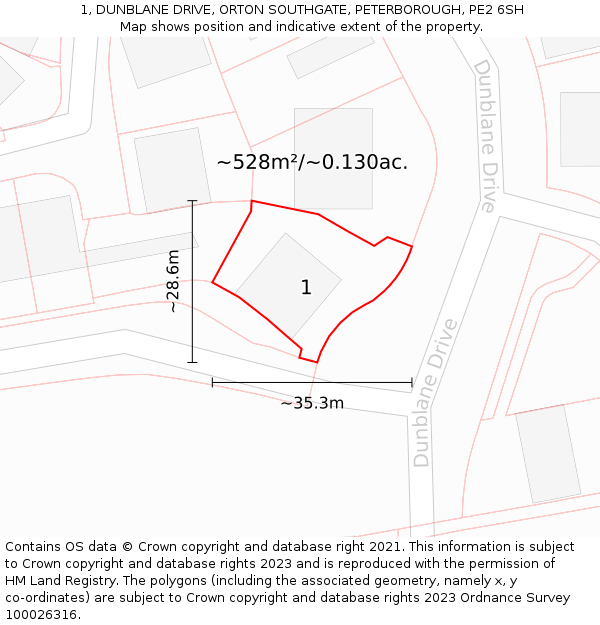 1, DUNBLANE DRIVE, ORTON SOUTHGATE, PETERBOROUGH, PE2 6SH: Plot and title map