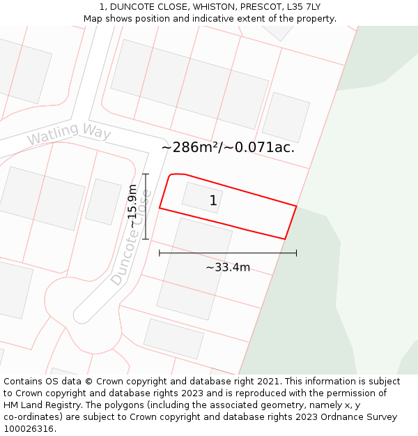 1, DUNCOTE CLOSE, WHISTON, PRESCOT, L35 7LY: Plot and title map