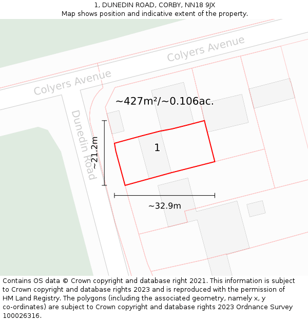 1, DUNEDIN ROAD, CORBY, NN18 9JX: Plot and title map
