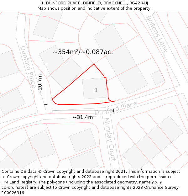 1, DUNFORD PLACE, BINFIELD, BRACKNELL, RG42 4UJ: Plot and title map