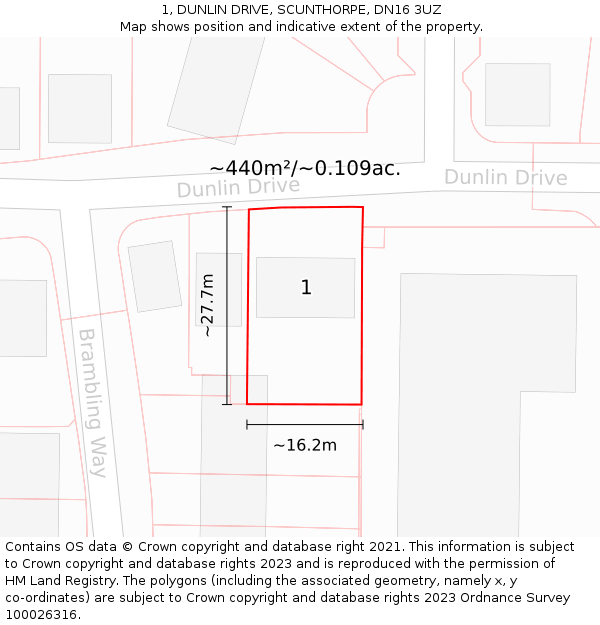 1, DUNLIN DRIVE, SCUNTHORPE, DN16 3UZ: Plot and title map