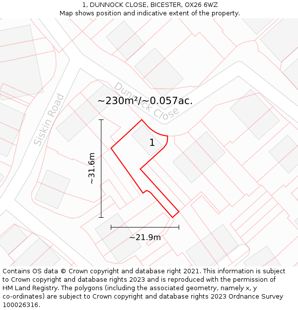1, DUNNOCK CLOSE, BICESTER, OX26 6WZ: Plot and title map