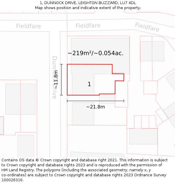 1, DUNNOCK DRIVE, LEIGHTON BUZZARD, LU7 4DL: Plot and title map