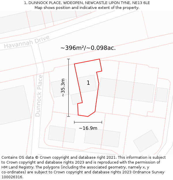 1, DUNNOCK PLACE, WIDEOPEN, NEWCASTLE UPON TYNE, NE13 6LE: Plot and title map